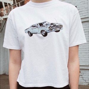 White, pastel blue car shirt